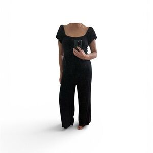 Altar’d State Black Puff Sleeve Waist Tie wide leg jumpsuit size M